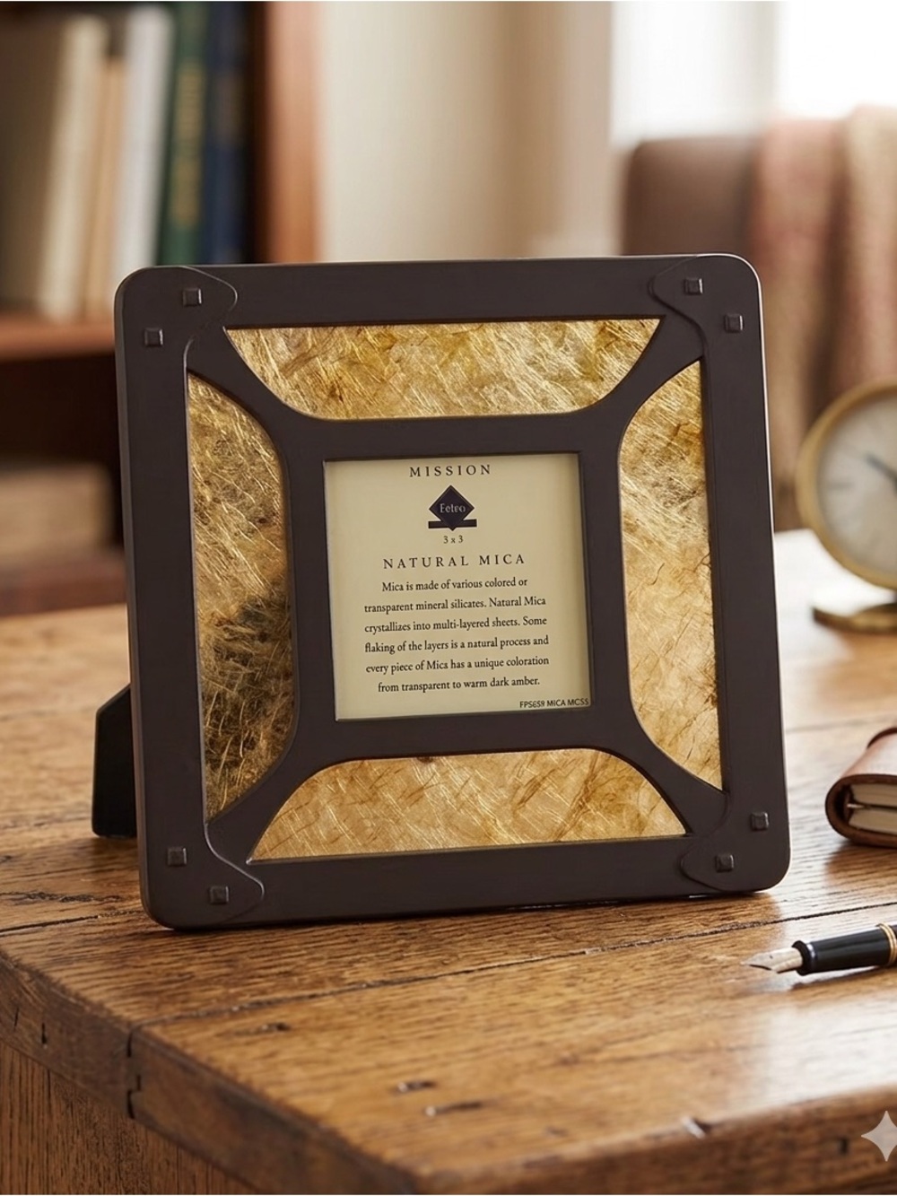 Fetco Mission Style Natural Mica Amber Metal Square Photo Frame 3”x3”